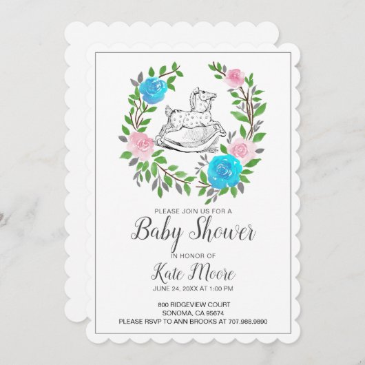 かわいい水彩揺れ馬の赤ちゃんシャワー 招待状