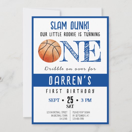 かわいい水彩新人バスケットボールボーイ1歳の誕生日 招待状 (正面)