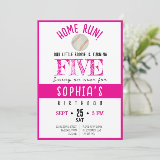 かわいい水彩新人ベースボールガール誕生日 招待状 (スタンド正面)