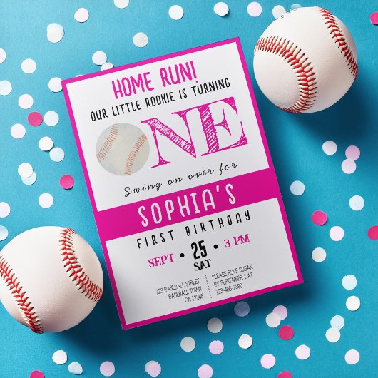 かわいい水彩新人ベースボールガール1st誕生日 招待状