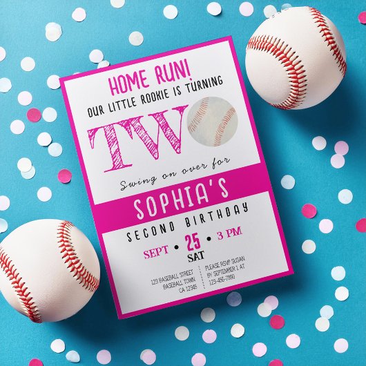 かわいい水彩新人ベースボールガール2nd誕生日 招待状
