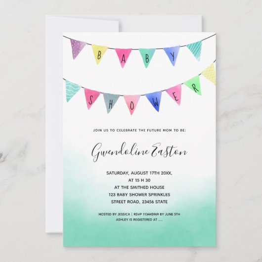 かわいい水彩旗がベビーシャワーを描く 招待状 (正面)