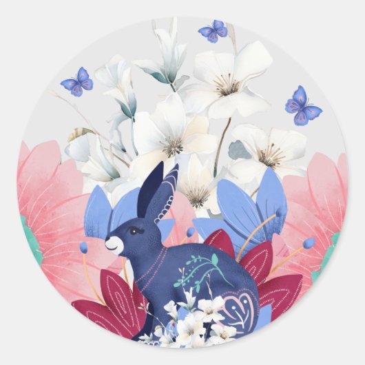 かわいい水彩春の花とウサギ ラウンドシール (正面)