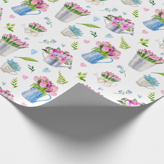 かわいい水彩春の花模様 楽しいイースター ラッピングペーパー (角)