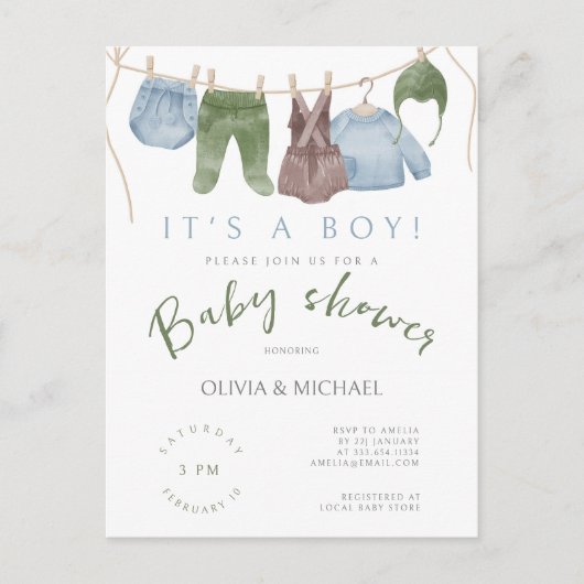 かわいい水彩服の赤ちゃんシャワー ポストカード (正面)