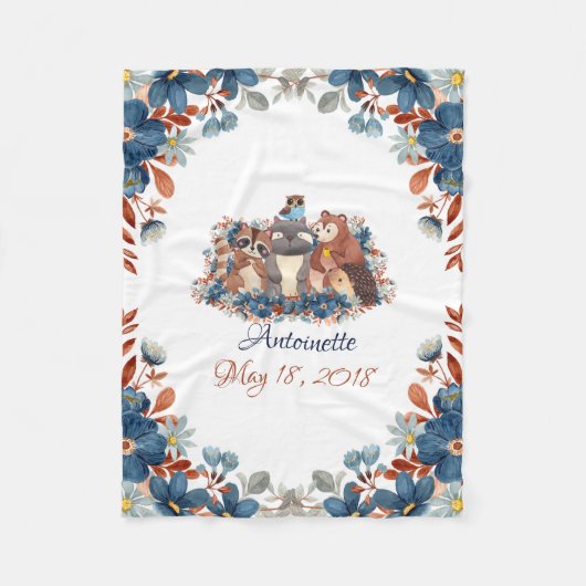 かわいい水彩木版動物 フリースブランケット (正面)