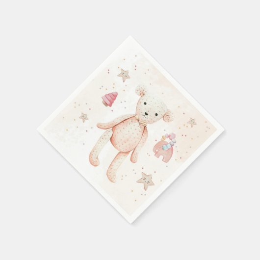 かわいい水彩桃色のベビーガールおもちゃクマ スタンダードカクテルナプキン (角)