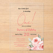 かわいい水彩桃色ローズベビーガール1st誕生日 アクリル招待状 (正面)