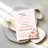 かわいい水彩桃色ローズベビーガール1st誕生日 招待状