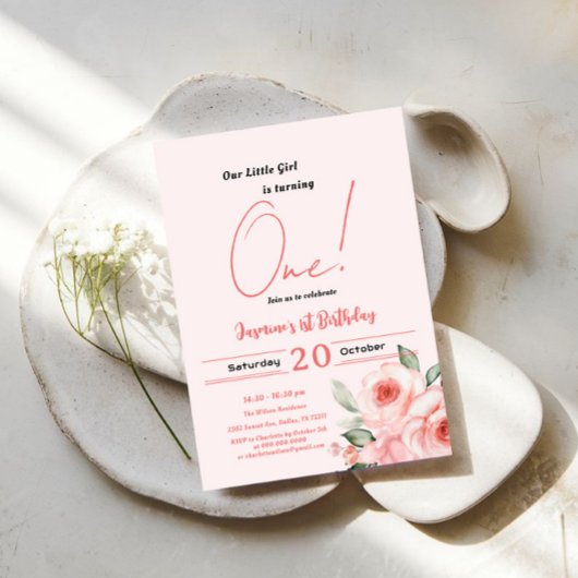 かわいい水彩桃色ローズベビーガール1st誕生日 招待状