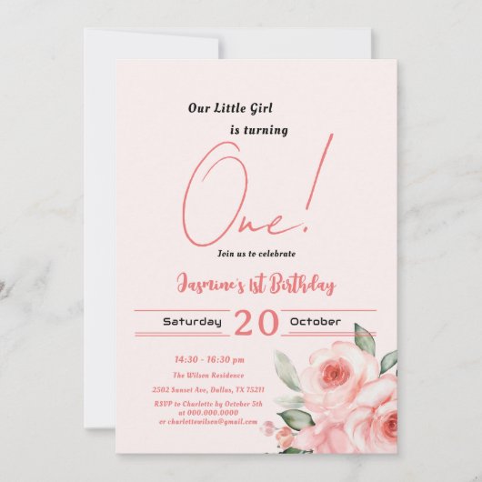 かわいい水彩桃色ローズベビーガール1st誕生日 招待状 (正面)