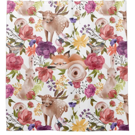 かわいい水彩森林動物のフローラ シャワーカーテン (正面)