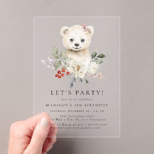 かわいい水彩極熊の冬の誕生日パーティー アクリル招待状 (インサイチュ (ポータブル))