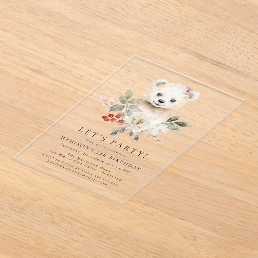 かわいい水彩極熊の冬の誕生日パーティー アクリル招待状 (レイダウン)