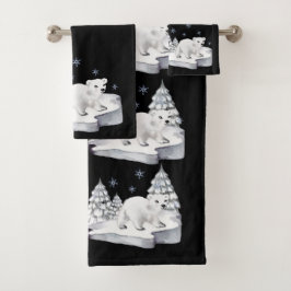 かわいい水彩極熊の松の木雪片 バスタオルセット