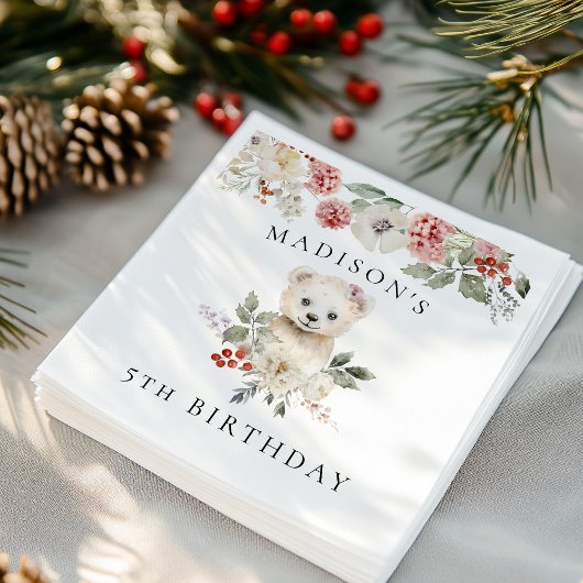 かわいい水彩極熊の誕生日パーティー スタンダードカクテルナプキン