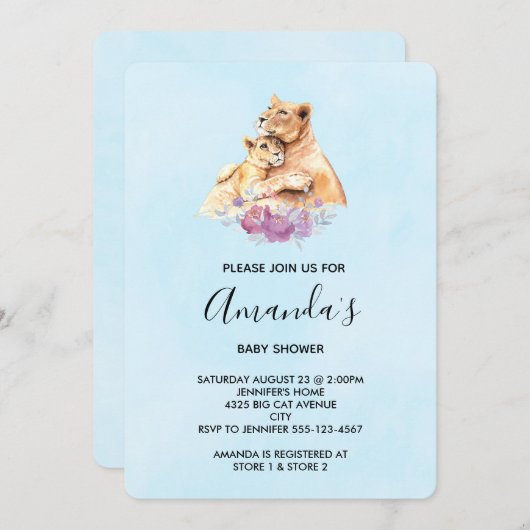 かわいい水彩母獅子&かわいい赤ちゃんシャワー 招待状 (正面/裏面)