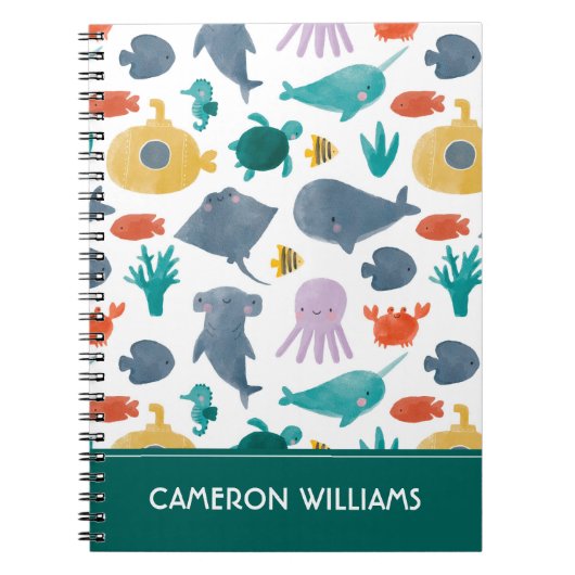かわいい水彩海動物のパターン ノートブック (正面)