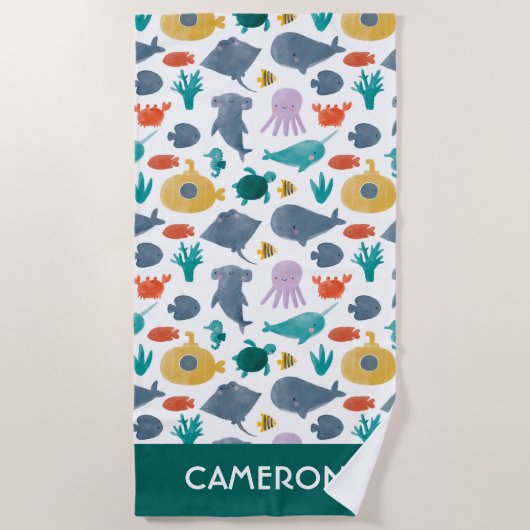 かわいい水彩海動物のパターン ビーチタオル (正面)