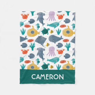 かわいい水彩海動物のパターン フリースブランケット