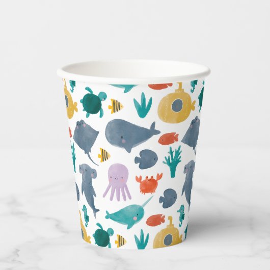 かわいい水彩海動物のパターン 紙コップ (正面)