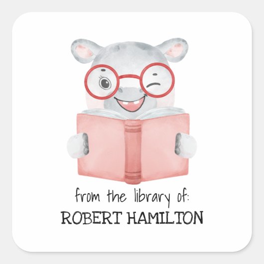 かわいい水彩海馬読の本蔵書票 スクエアシール (正面)