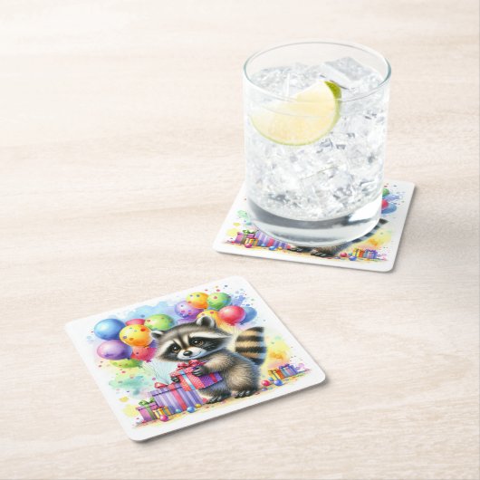 かわいい水彩漫画ラクーン誕生日 スクエアペーパーコースター (インサイチュ)