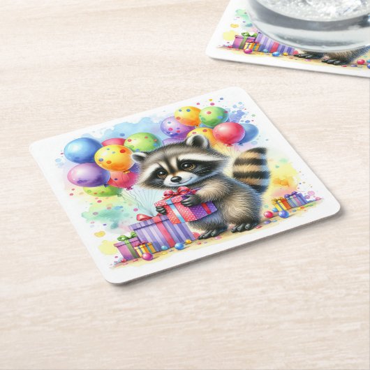 かわいい水彩漫画ラクーン誕生日 スクエアペーパーコースター (アングル)