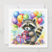 かわいい水彩漫画ラクーン誕生日 招待状 (正面)