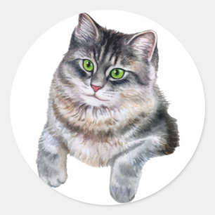 かわいい水彩灰色のタビーキャット ラウンドシール