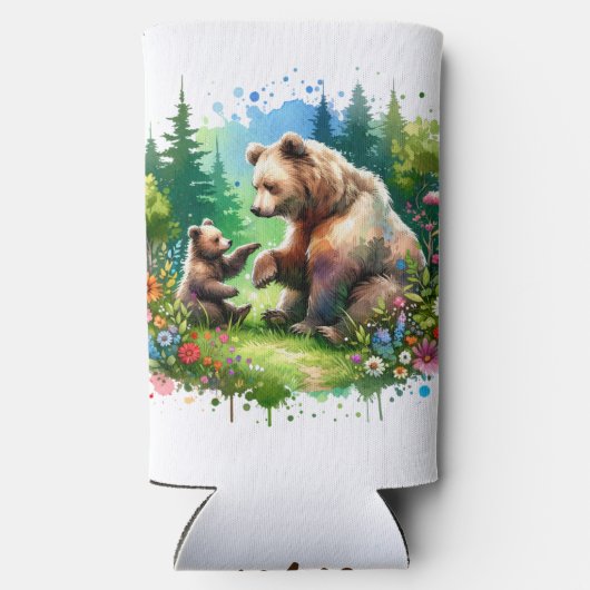 かわいい水彩熊とパーソナライズされたかわいい スリム缶クーラー (裏面)