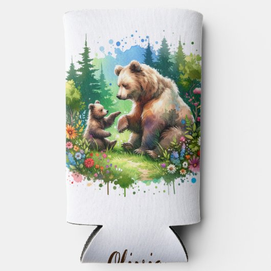 かわいい水彩熊とパーソナライズされたかわいい スリム缶クーラー (正面)