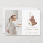 かわいい水彩熊ウッドランドフォトファースト誕生日 招待状 (正面)