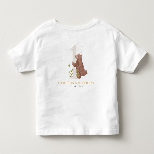 かわいい水彩熊ウッドランド最初の誕生日パーティー トドラーTシャツ (裏面)