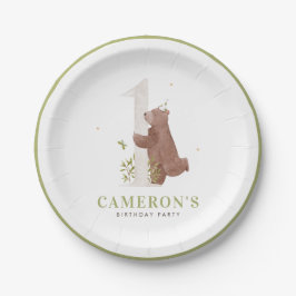 かわいい水彩熊ウッドランド最初の誕生日パーティー ペーパープレート