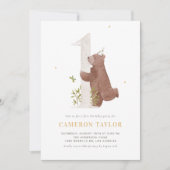 かわいい水彩熊ウッドランド最初の誕生日パーティー 招待状 (正面)