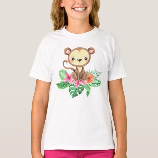 かわいい水彩熱帯ベビーモンキーTシャツ Tシャツ (正面)