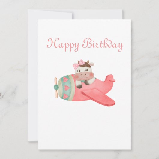かわいい水彩牛&飛行機お洒落誕生日 シーズンカード (正面)