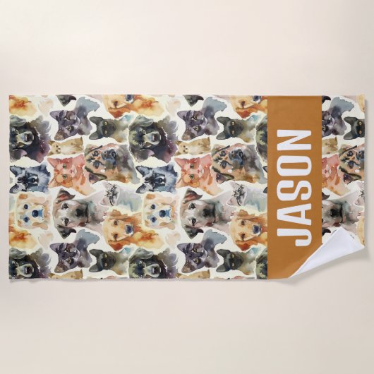 かわいい水彩犬と猫|過去記事 ビーチタオル (正面)