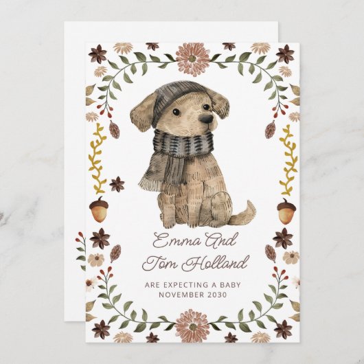 かわいい水彩犬の妊娠 案内状 (正面/裏面)