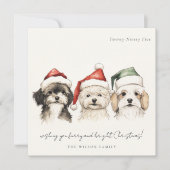 かわいい水彩犬の毛皮と明るいクリスマス シーズンカード (正面)