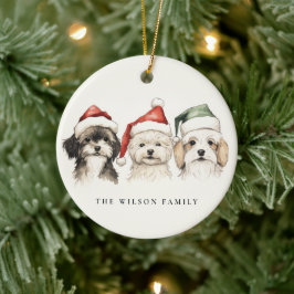 かわいい水彩犬の毛皮と明るいクリスマス セラミックオーナメント