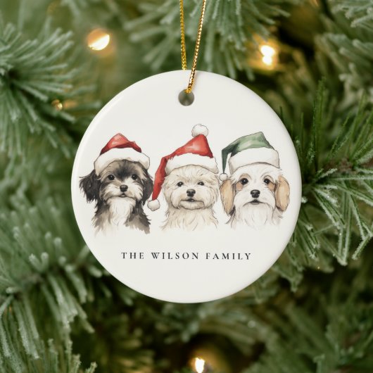 かわいい水彩犬の毛皮と明るいクリスマス セラミックオーナメント (ツリー)