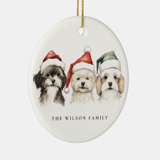 かわいい水彩犬の毛皮と明るいクリスマス セラミックオーナメント (右)