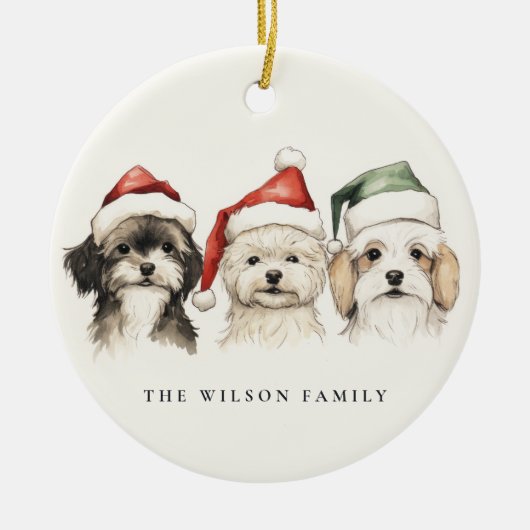 かわいい水彩犬の毛皮と明るいクリスマス セラミックオーナメント (正面)