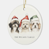 かわいい水彩犬の毛皮と明るいクリスマス セラミックオーナメント (左)