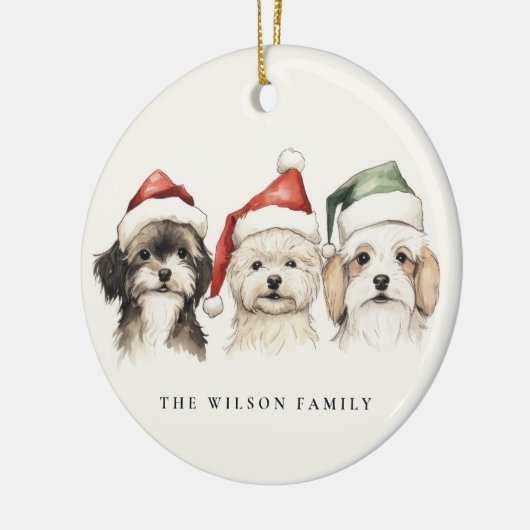 かわいい水彩犬の毛皮と明るいクリスマス セラミックオーナメント (左)