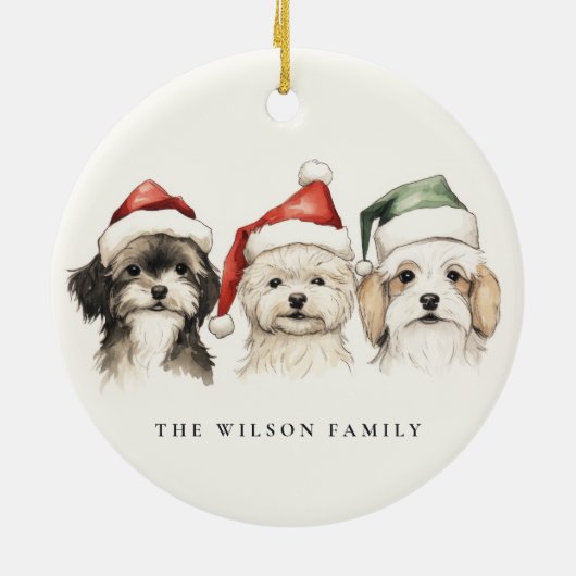 かわいい水彩犬の毛皮と明るいクリスマス セラミックオーナメント (裏面)