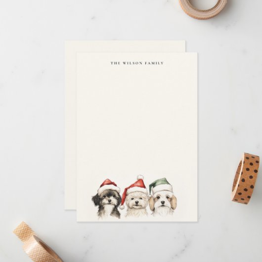 かわいい水彩犬の毛皮と明るいクリスマス ノートカード (正面/裏面インサイチュ)