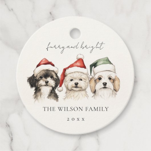 かわいい水彩犬の毛皮と明るいクリスマス フェイバータグ (正面)